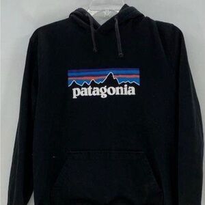 Patagonia Black Hoodie with Blue and Red Accents